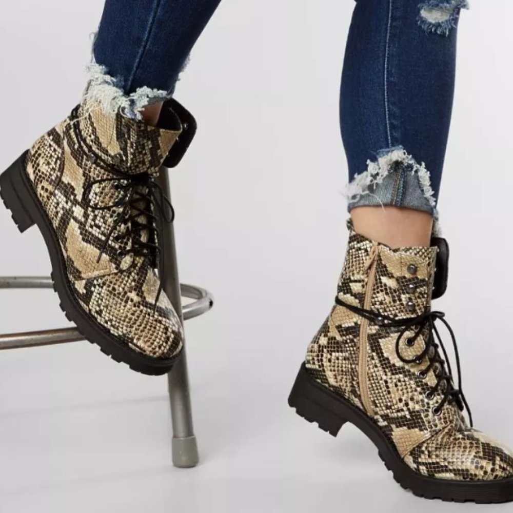 Buckle Mia Miki Snake Print Combat Boot - Women's Shoes in Snake Size 7-1/2